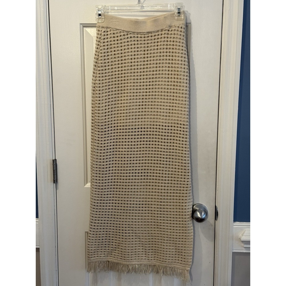 Miou Muse Boho Maxi Knit Tan Skirt Small Fringe Hem‎ Beach Resort Vacation